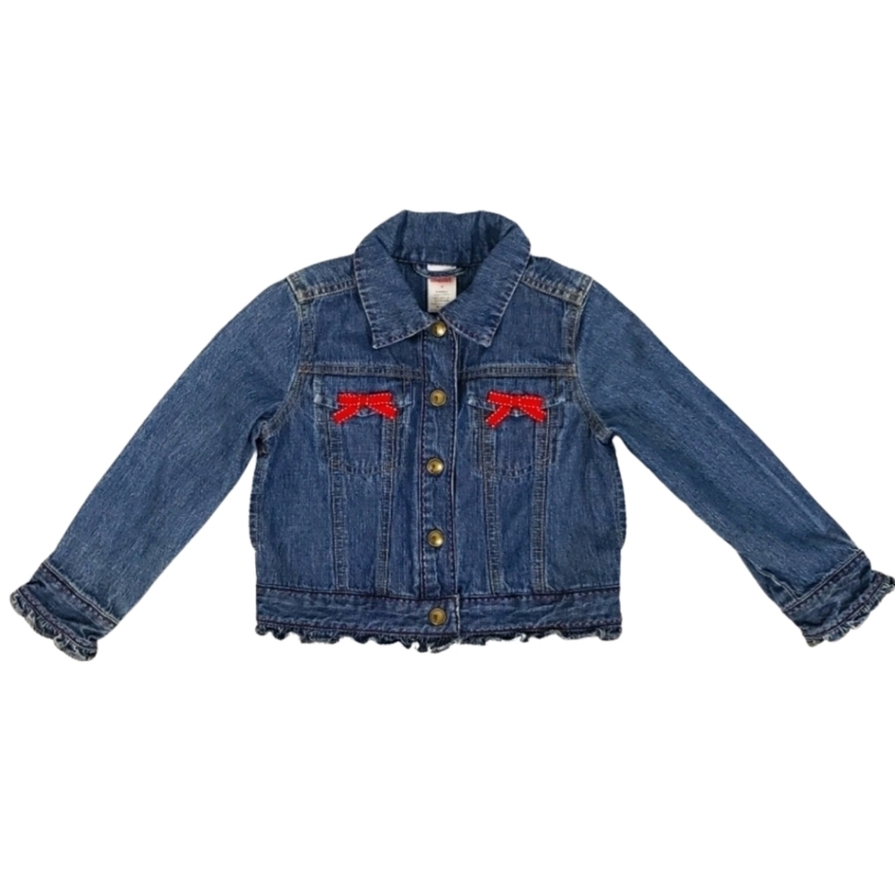 Gymboree Girls Blue Jean Jacket Size 4 Cotton Denim Red Bows Ruffle Hems